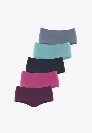 Fünf Paare Hipster-Unterwäsche in verschiedenen einfarbigen Farben: Grau, Petrol, Marineblau, Rosa und Dunkellila. Glattes Material mit einem schlichten Design.