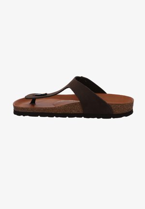 Brown sandal featuring a cork footbed, smooth leather straps, a toe post, and a black accent near the upper. Flat sole with grooves.