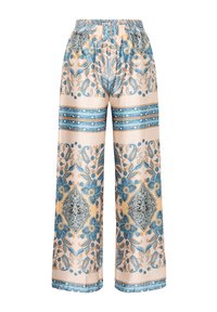 Weite Hosen aus leichtem Pfirsichsatin, mit blauen Blumenmustern und dunklen Paisleymustern, ausgestattet mit einem elastischen Bund für zusätzlichen Komfort.