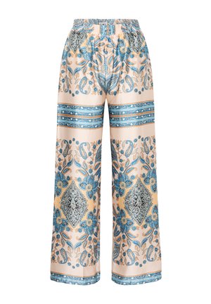Vidde bukser i let ferskenfarvet satin med blå blomster mønstre og mørke paisley-designs, samt en elastisk talje for komfort.