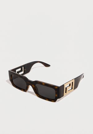 Rectangular tortoiseshell sunglasses with dark lenses and gold geometric accents on the temples.