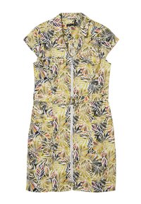 Kurzärmliges Kleid mit Reißverschluss vorne, gelb-schwarz gemustert mit Blättern, zwei Brusttaschen, tailliertem Schnitt und einem Gürtelakzent.