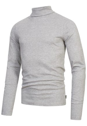 Szürke garbó pulóver puha, rugalmas anyagból. Hosszú ujjú és testhezálló kialakítással rendelkezik, minimális részletezéssel.