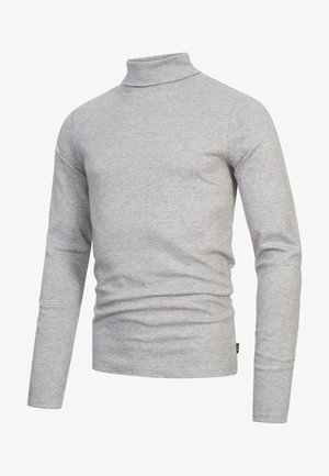 Grauer Rollkragenpullover aus weichem, dehnbarem Stoff. Verfügt über lange Ärmel und ein tailliertes Design mit minimaler Detailgestaltung.