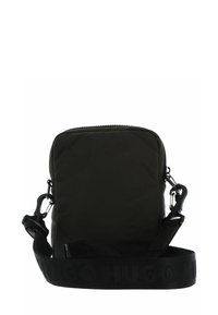 Borsa a tracolla rettangolare nera con chiusura a zip e ampia tracolla regolabile con stampa "HUGO".