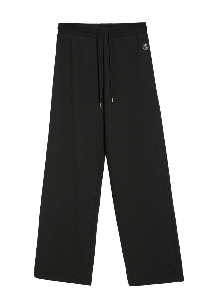 Czarne spodnie o szerokich nogawkach, wykonane z miękkiego materiału, z elastycznym paskiem w talii i subtelnym logo po boku. Gładka tekstura na całej powierzchni.