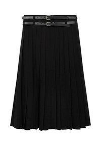 Zwarte geplisseerde rok met twee leren straps met zilveren gespen op de taille. Gemaakt van een gladde, vloeiende stof.