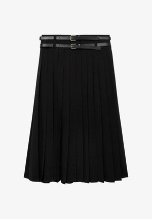 Gonna nera plissettata con due cinturini in pelle e fibbie in argento in vita. Realizzata in un tessuto liscio e fluido.