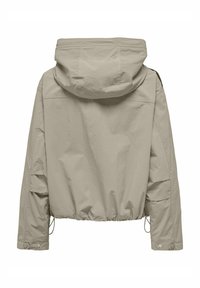 Veste à capuche beige clair à manches longues, avec cordons de serrage réglables à l'ourlet et poignets à boutons, vue de dos.