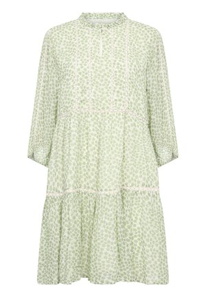 Blumendruckkleid in hellgrün mit hohem Kragen, Dreiviertelärmeln und Spitzenbesatz. Lockerer Schnitt mit einem geschichteten, fließenden Rock.