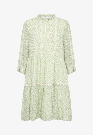 Blumendruckkleid in hellgrün mit hohem Kragen, Dreiviertelärmeln und Spitzenbesatz. Lockerer Schnitt mit einem geschichteten, fließenden Rock.