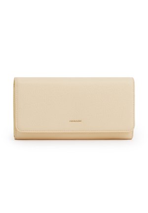 Portafoglio rettangolare beige con superficie testurizzata, patta arrotondata e piccolo logo dorato "MIRRADE" al centro davanti.