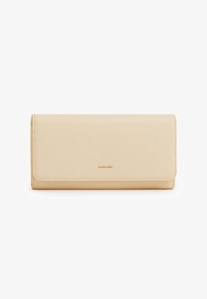 Portafoglio rettangolare beige con superficie testurizzata, patta arrotondata e piccolo logo dorato "MIRRADE" al centro davanti.