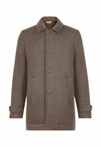 Brun ullrock med en strukturerad design. Har en kragad hals, fyra knappfästen och två sidofickor. Mjuk textur.