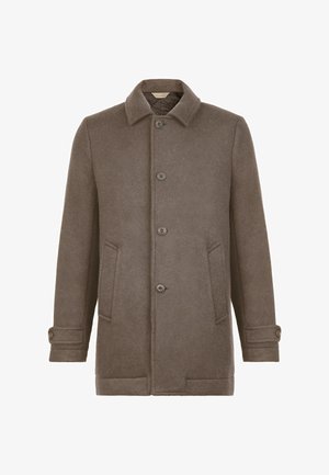 Brun uldfrakke med struktureret design. Har en krave, fire knaplukninger og to sidelommer. Blød tekstur.