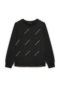 Felpa nera con un motivo a rombi trapuntato e dettagli in filo argentato. Il design è completato da un colletto rotondo e polsini a costine.