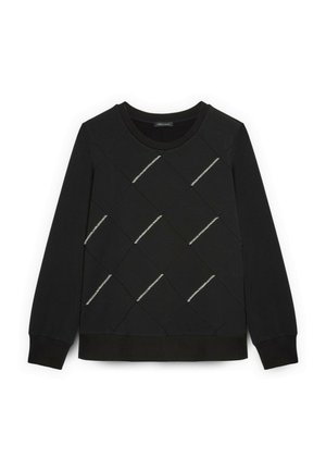 Sudadera negra con un patrón de diamantes acolchados y acentos de hilo plateado. El diseño se completa con un cuello redondo y puños acanalados.