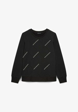 Sudadera negra con un patrón de diamantes acolchados y acentos de hilo plateado. El diseño se completa con un cuello redondo y puños acanalados.