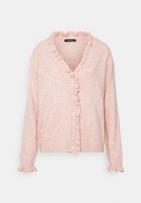 Světle růžový pletený kardigan s volánovým V-výstřihem, předním zapínáním na knoflíky a volánovými manžetami na dlouhých rukávech.