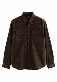 Bruine corduroy shirt met een klassieke kraag, lange mouwen, twee borstzakken en drukknoopsluiting. Zachte textuur met een gestructureerd ontwerp.