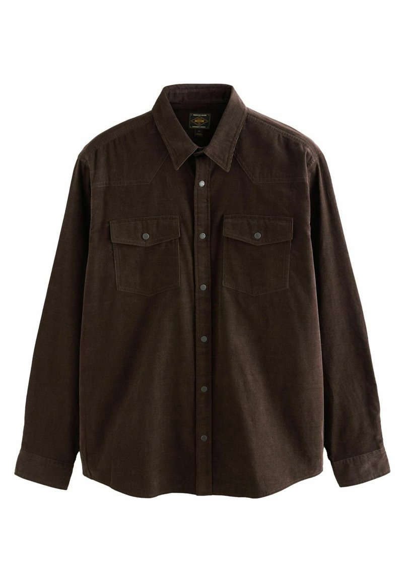 Bruine corduroy shirt met een klassieke kraag, lange mouwen, twee borstzakken en drukknoopsluiting. Zachte textuur met een gestructureerd ontwerp.