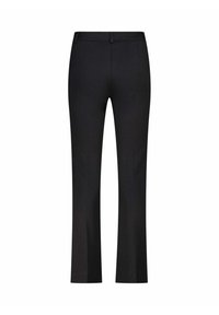 Zwarte, op maat gemaakte broek met een recht model, een gladde textuur en een tailleband met een kleine knoopsluiting en lussen voor een riem.
