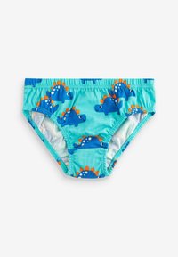 Caleçons de bain à motif de dinosaure bleu avec un fond turquoise clair, ceinture élastique et détails d'accent orange et blanc.
