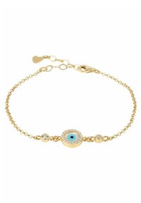 Gold chain bracelet featuring a central blue eye design surrounded by clear stones, with additional small circular accents. Adjustable clasp.