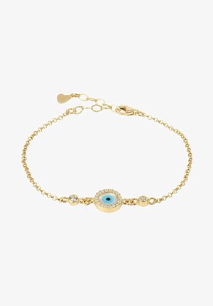 Bracelet en chaîne dorée avec un design central en forme d'œil bleu, entouré de pierres claires, et des petits accents circulaires supplémentaires. Fermeture ajustable.