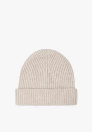 Licht crèmekleurige gebreide muts met geribbelde textuur en een omgeslagen rand. Zacht materiaal, ronde bovenkant en naadloos ontwerp.