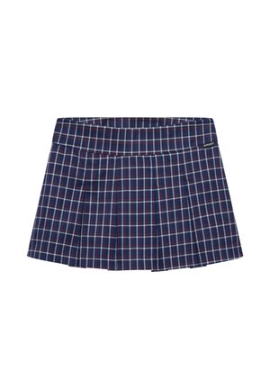 Marineblauer karierten Rock mit roten und weißen Linien; plissiertes Design; breiter Bund; aus Stoff gefertigt; mit kleinem Logo an der Seite.