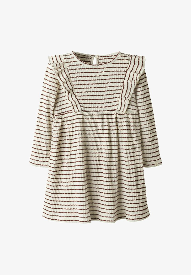 Triibuline kleit, millel on koorevärvi alus ja burboonpunased triibud, tekstureeritud kangas, pikad varrukad ja volangakujulised aktsendid õlgadel. Seljal nööpidega sulgemine.