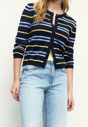 Woman wearing a black buttoned cardigan with blue and yellow stripes and light blue high-waisted jeans against a neutral background.