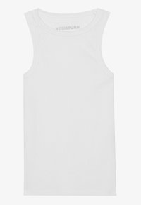 Bílý bezramínkový tank top vyrobený z bavlny, s kulatým výstřihem a rovný střih bez ozdob nebo vzorů.