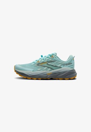 Light blue trail running shoe with textured mesh upper, grey midsole, orange accents, and rugged yellow outsole for traction.