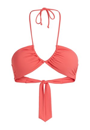 Koraļa krāsas bikini augšdaļa ar regulējamiem plāniem siksniņām, saspiestu audumu krūtīs un priekšējo sasiešanas aizdari. Gluda tekstūra, minimāls dizains.