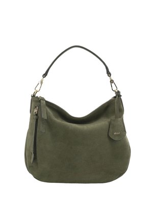 Olive green suede handbag with a single top handle, zippered closure, and small branded leather tag on the side.