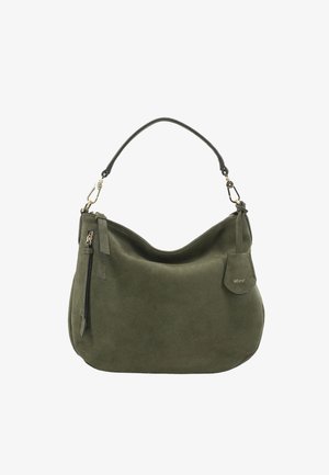 Olive green suede handbag with a single top handle, zippered closure, and small branded leather tag on the side.