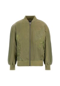 Olijfgroene bomberjack met voorrits en subtiele ton-sur-ton bloemembroidery op de borst en mouwen, met ribgebreide manchetten en zoom.
