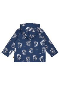 Marineblaue Kapuzenjacke mit einem Waschbärenmuster in Weiß. Hergestellt aus einem strukturierten Stoff, mit langen Ärmeln und einer lockeren Passform.