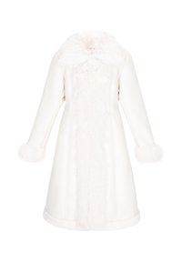 White coat featuring a faux fur collar and cuffs, front panel with vertical fluffy texture, rounded shape, and long sleeves.