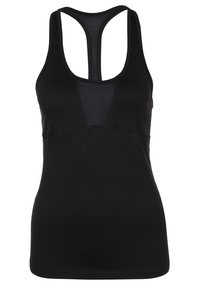 Débardeur de sport noir sans manches avec dos nageur et panneau en mesh sur le haut de la poitrine et du dos.