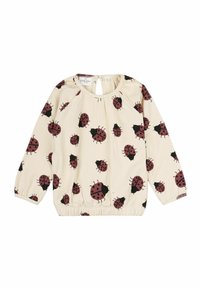 Maglietta a maniche lunghe color crema con orlo elastico, caratterizzata da un motivo di coccinelle nere e borgogna. Il dettaglio con apertura a chiave sul retro arricchisce il design.