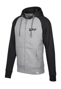 Grauer und schwarzer Reißverschluss-Hoodie mit Raglanärmeln, Kordelzugkapuze, vorderen Taschen und Logo-Print. Weicher Stoff mit gerippten Bündchen.