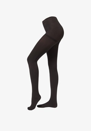 Zwarte ondoorzichtige panty’s gemaakt van soepel, rekbaar materiaal, met een hoge tailleband en naadloos ontwerp, geschikt voor verschillende outfits.