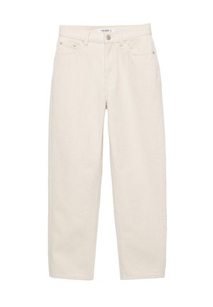 Priekrémovo biele nohavice s rovnými nohavicami, piatimi vreckami, slučkami na opasok a zapínaním na gombík so zipsom v páse.