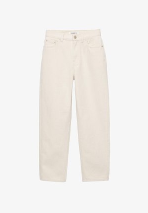 Jeans color avorio a gamba dritta con cinque tasche, passanti per cintura e chiusura con bottone e cerniera in vita.