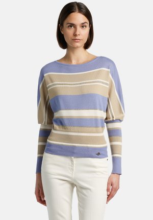 Striped knit sweater in lavender, beige, and cream with ribbed cuffs and waist; features metallic thread accents and a small logo detail.