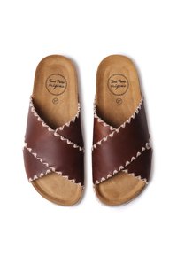 Brown leather slide sandals with crossed straps, stitched accents, and a soft tan insole. Size 37 marked inside.