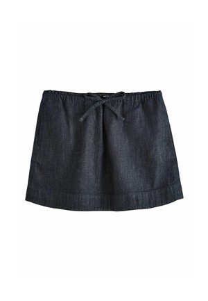 Donkerblauwe denim minirok met elastische tailleband en strikdetail aan de voorkant, met zijzakken en rechte zoom.